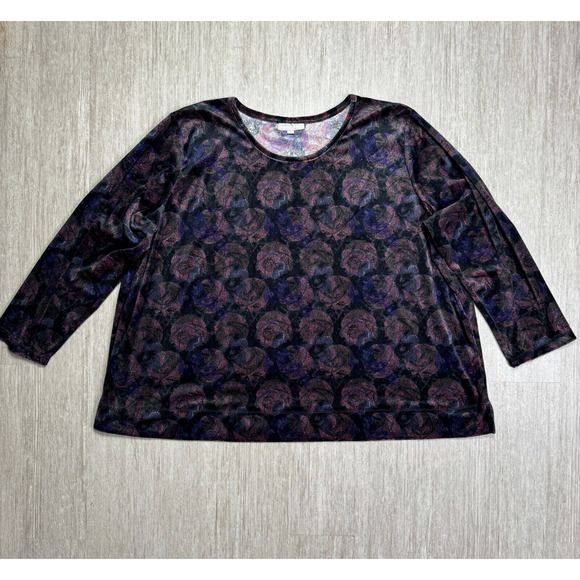 Woman Within Sweaters - Woman Within Floral Velvet Sweater Plus Size 4X Scoop Neck Pink Purple Relaxed